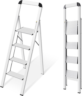 Aluminium 4 Step Ladder, Lightweight Step Stool with Non-Slip Pedals, Handrail,