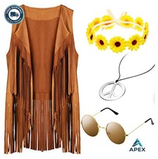 Women Hippie Costume Set 4 Pieces Vest Necklace Headband Sunglasses Retro 60s