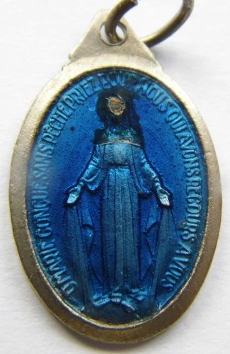 Antique Blue Enamel Miraculous Holy Medal Catholic Prayer Virgin Mary Immaculate