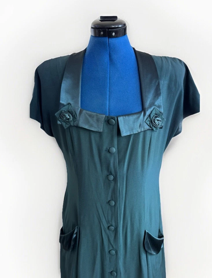 Vintage 90s Y2K Wild Rose Green Floral Button Tea Cottage Core Prairie Dress 10 - Image 2 of 4