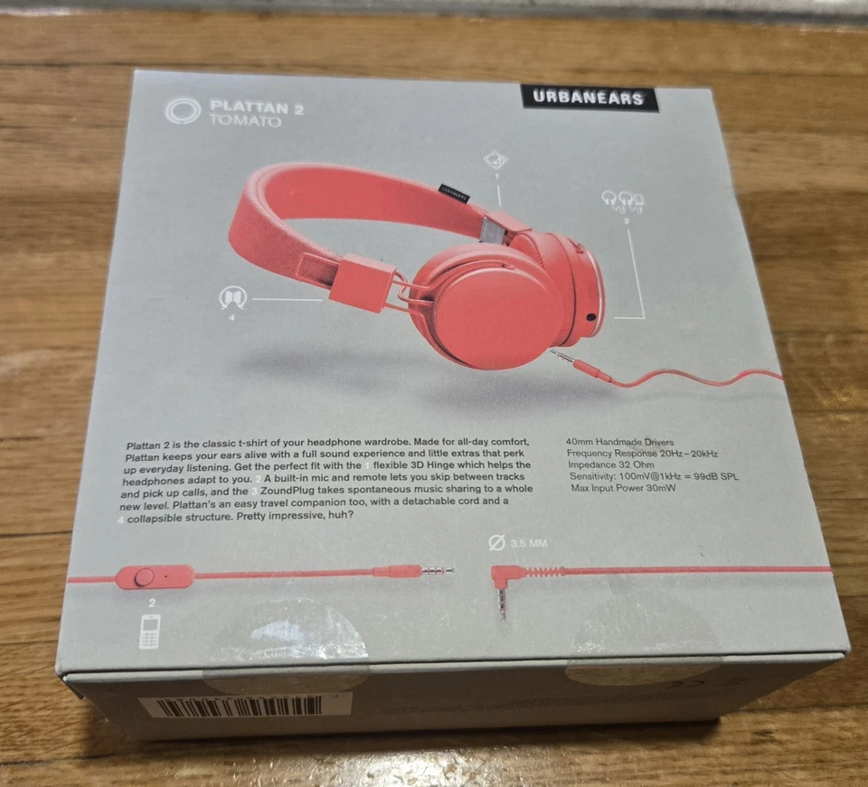 UrbanEars Plattan 2 Auriculares On-Ear, Rojo Tomate Foto 2 de 4