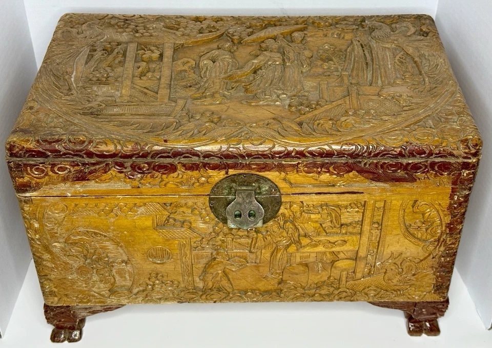 Raro baúl antiguo chino tallado a mano de la dinastía Qing tallado en madera para reparación/rehabilitación Foto 2 de 4