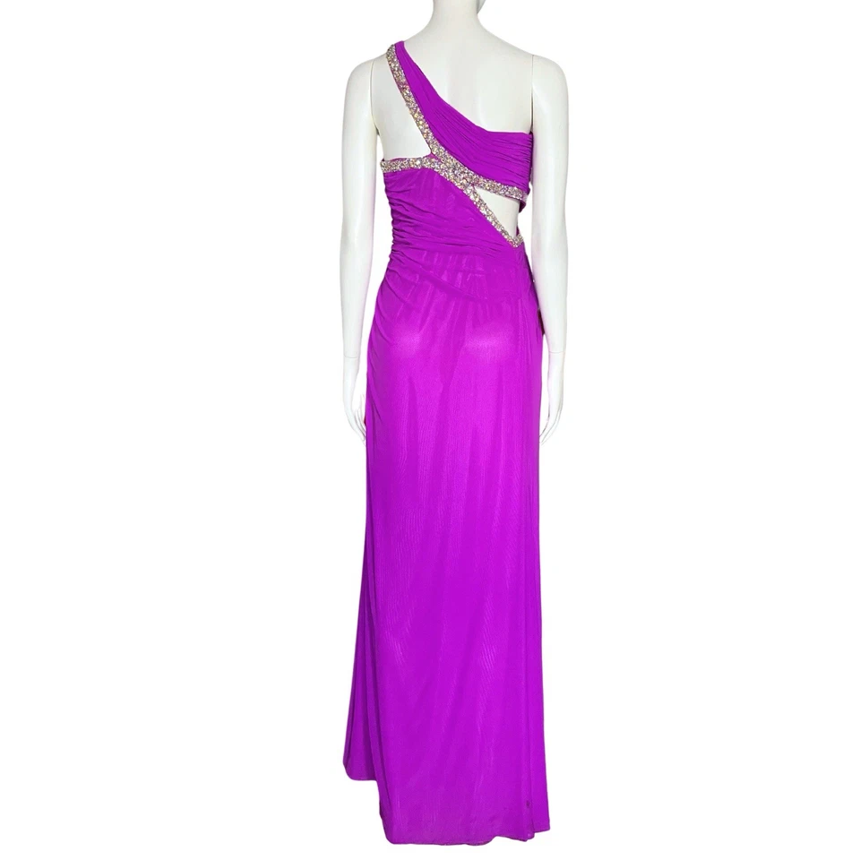 Vestido de formatura Y2K Fuschia um ombro recortado strass pequeno frisado roxo glam - Imagem 4 de 4