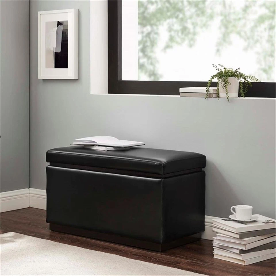 Linon Hawn Rectangle Storage Ottoman Dark Wood Trim in Black Faux Leather - Image 2 of 4