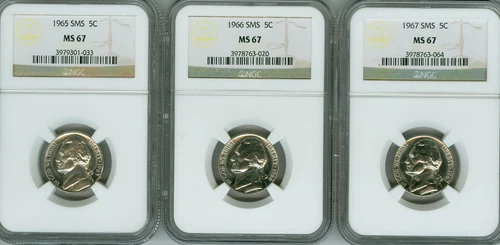 1965 1966 1967 SMS NGC  MS67JEFFERSON NICKEL 5c 3-COIN SET, PROOF LIKE LUSTER