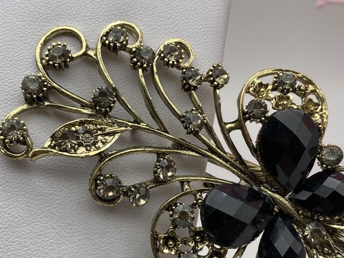 Vintage Hair Clip Victorian Silver Metal Crystals Floral Black Stones Acrylic - Picture 9 of 11