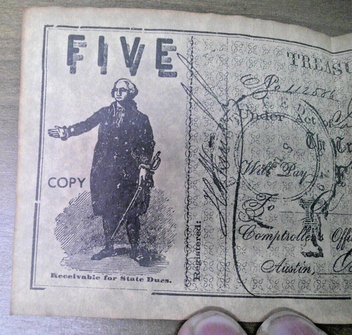 Vintage Looking! Five Dollar State of Texas Confederate Treasury Warrant ~COPY! - Picture 2 of 7