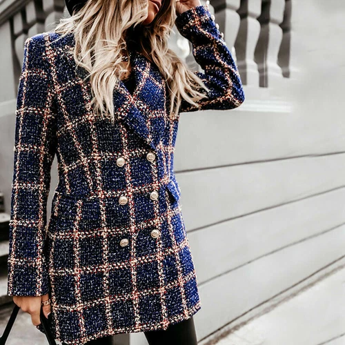 Women's Stylish Check Print Wool Blazer Coat Ladies Long Sleeve Collared Jacket - Picture 43 of 52