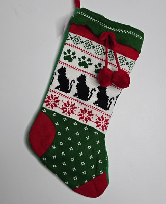 Christmas Knit Stocking Cat Kitten Paws Pet 17'' Red Green Lined Pom Poms NEW