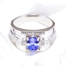 Tanzanite Oval Cut Gemstone With 925 Sterling Silver Ring For Men's #A565