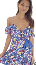 Top shop Iconic ruffle wrap dress cobalt blue floral size 8. Cold Shoulder