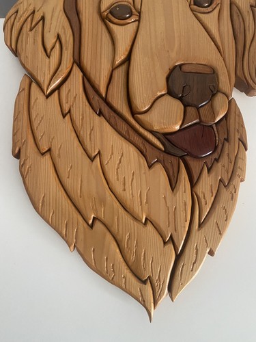 3D Intarsia Art Wooden Golden Retriever Dog Portrait Plaque Wall Decor - Picture 3 of 4