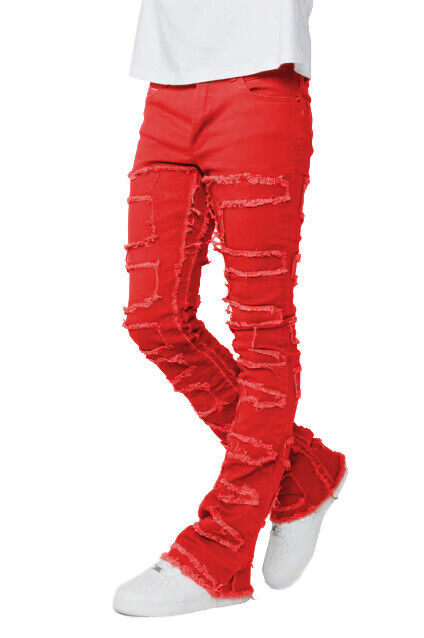 Men's Rockstar Shake Red Stacked Distressed Flare Slim Fit Denim