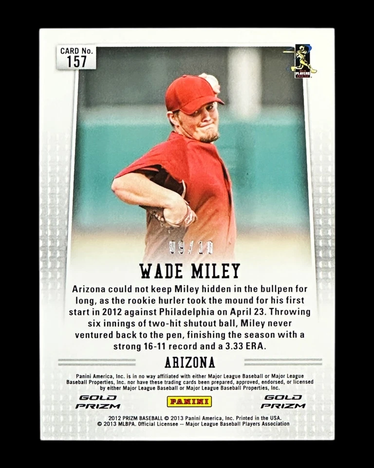 1ST YEAR - 2012 Panini PRIZM GOLD /10 - PRIZM GOLD #09/10 - Wade Miley #157 - Image 2 of 4