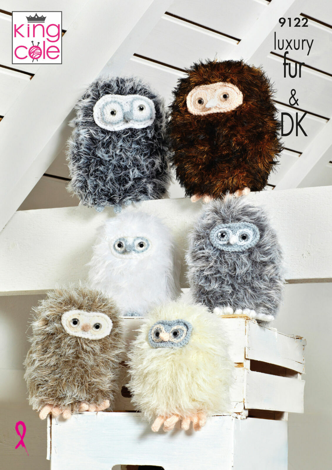 King Cole knitting pattern 9122 to knit baby owls in luxury fur and DK