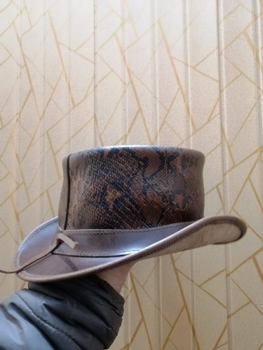 El Dorado Genuine Brown Leather Biker Top Hat Steampunk Style Leather Top Hat - Picture 6 of 15