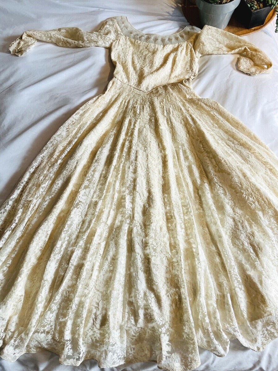 VTG 50'S OFF WHITE LACE&TULLE PEARLS NEW LOOK CIRCLE SKIRT WEDDING