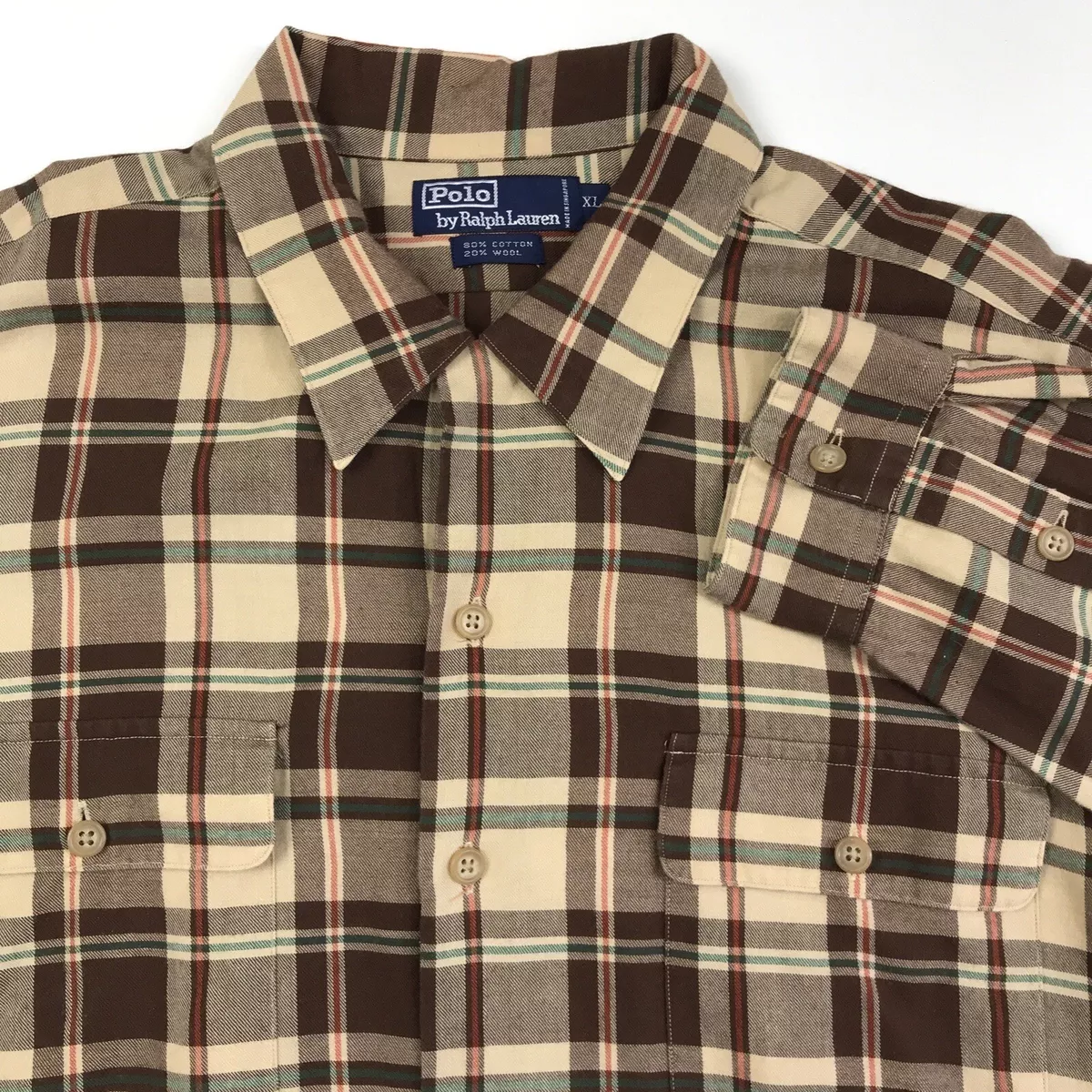 Vintage Polo Ralph Lauren Men's Button Up Plaid Brown Shirt Wool