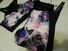 Danz N Motion Dance Jazz Cheer Black Rose Print Tank Bra & Legging Size L NWT