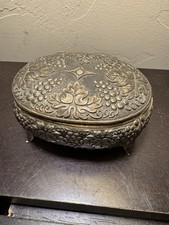 Vintage Jewelry Trinket Box Grape Pattern Metal Footed Japan Red Felt