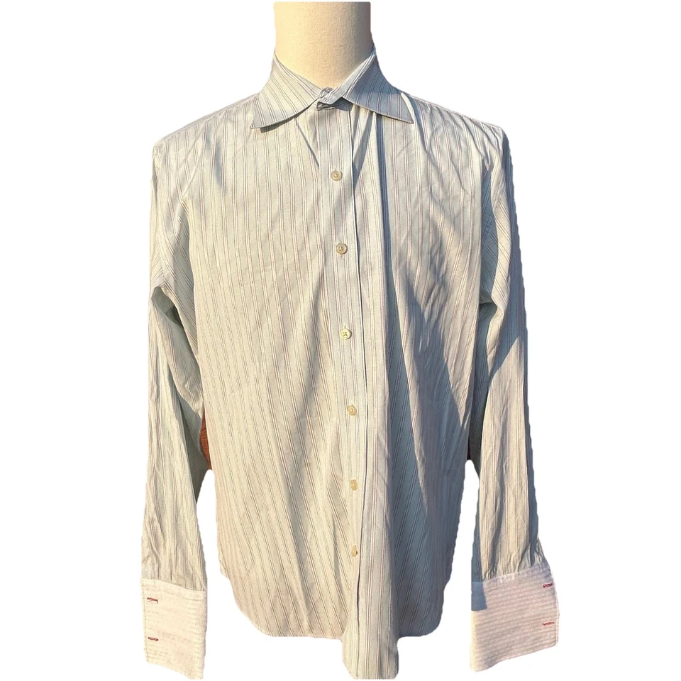 Camisa de vestir Takumi Japón para hombre a rayas verde espuma de mar L puño francés en contraste Foto 4 de 4