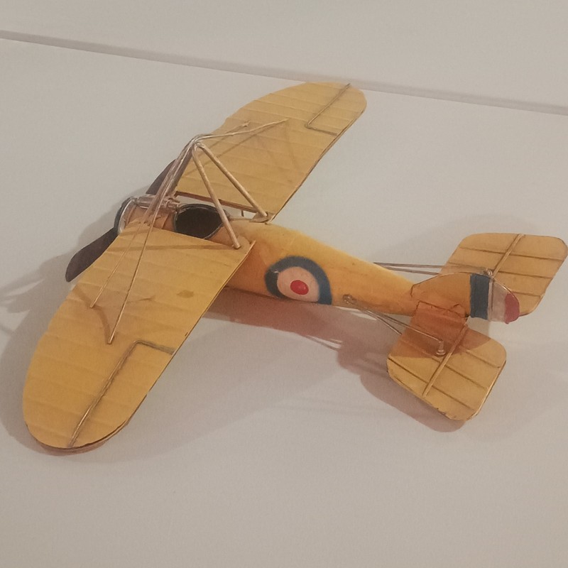 Yellow Metal Biplane Desk/Shelf Model w/ RAF Roundels, Approx 12 in Wingspan