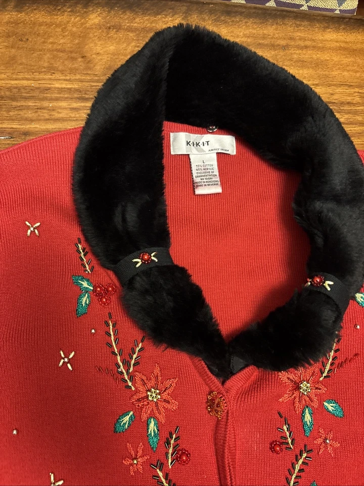 Kik It Sequin Beaded Poinsettia Christmas Cardigan W/faux Fur Collar - Size L - Image 3 of 4