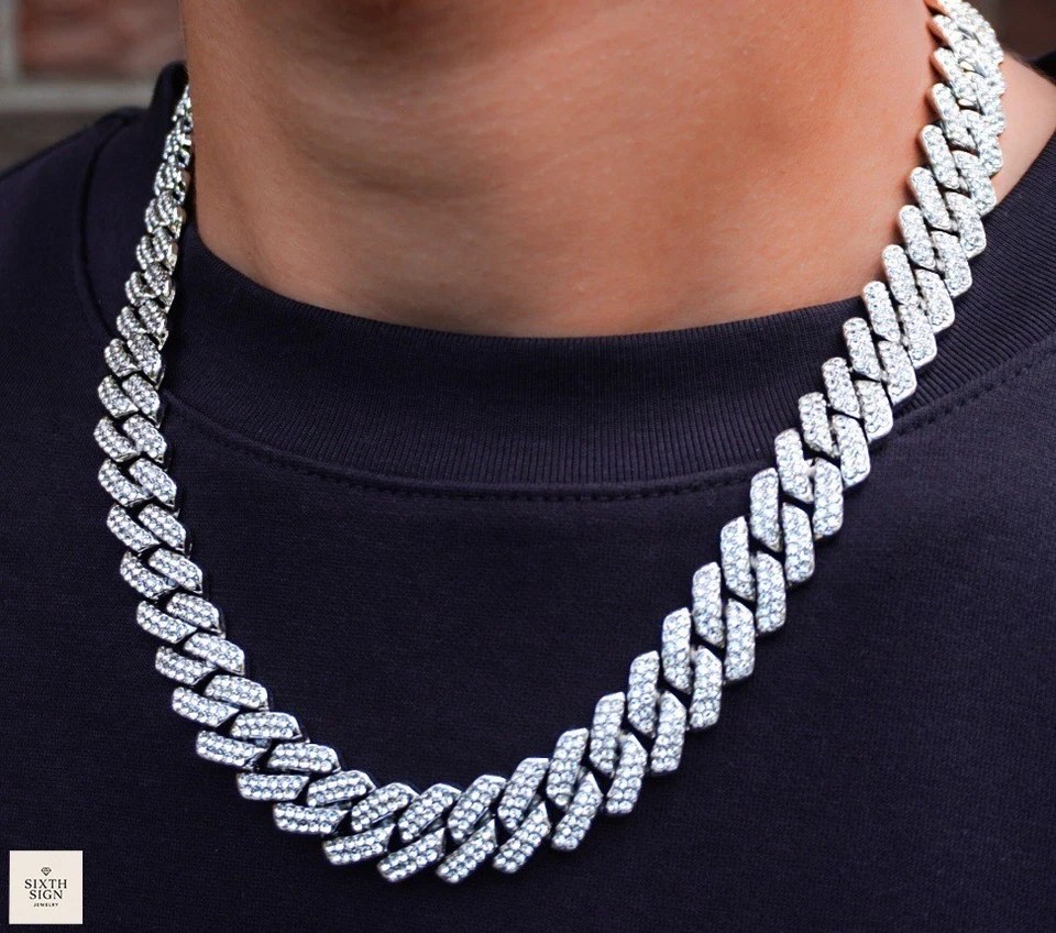 Moissanite Cuban Link Chain 15MM Silver Iced Out Miami Hip Hop Necklace 20″ 22″ - Image 2 of 4