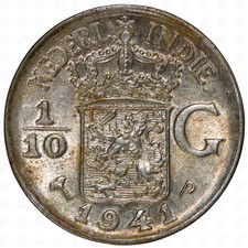 1941 P Netherlands East Indies 1/10 Gulden Coin – Philadelphia Mint – Silver