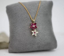 2Ct Pear Lab Created Pink Ruby Flower Pendant 18" Chain 14K Yellow Gold Finish