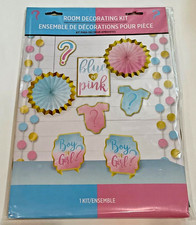 GENDER REVEAL BABY SHOWER 12 PC PARTY DECOR KIT - Strings/Fans/Cutouts Decor NEW