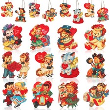 CCINEE 36pcs Vintage Valentines Day Wooden Hanging Ornaments, Retro Heart Valent
