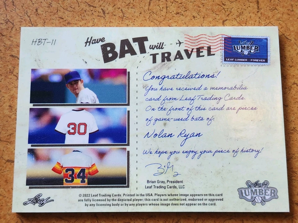 Hoja de madera 2022 Nolan Ryan murciélagos viajarán reliquias/35!! Muy RARO Foto 4 de 4