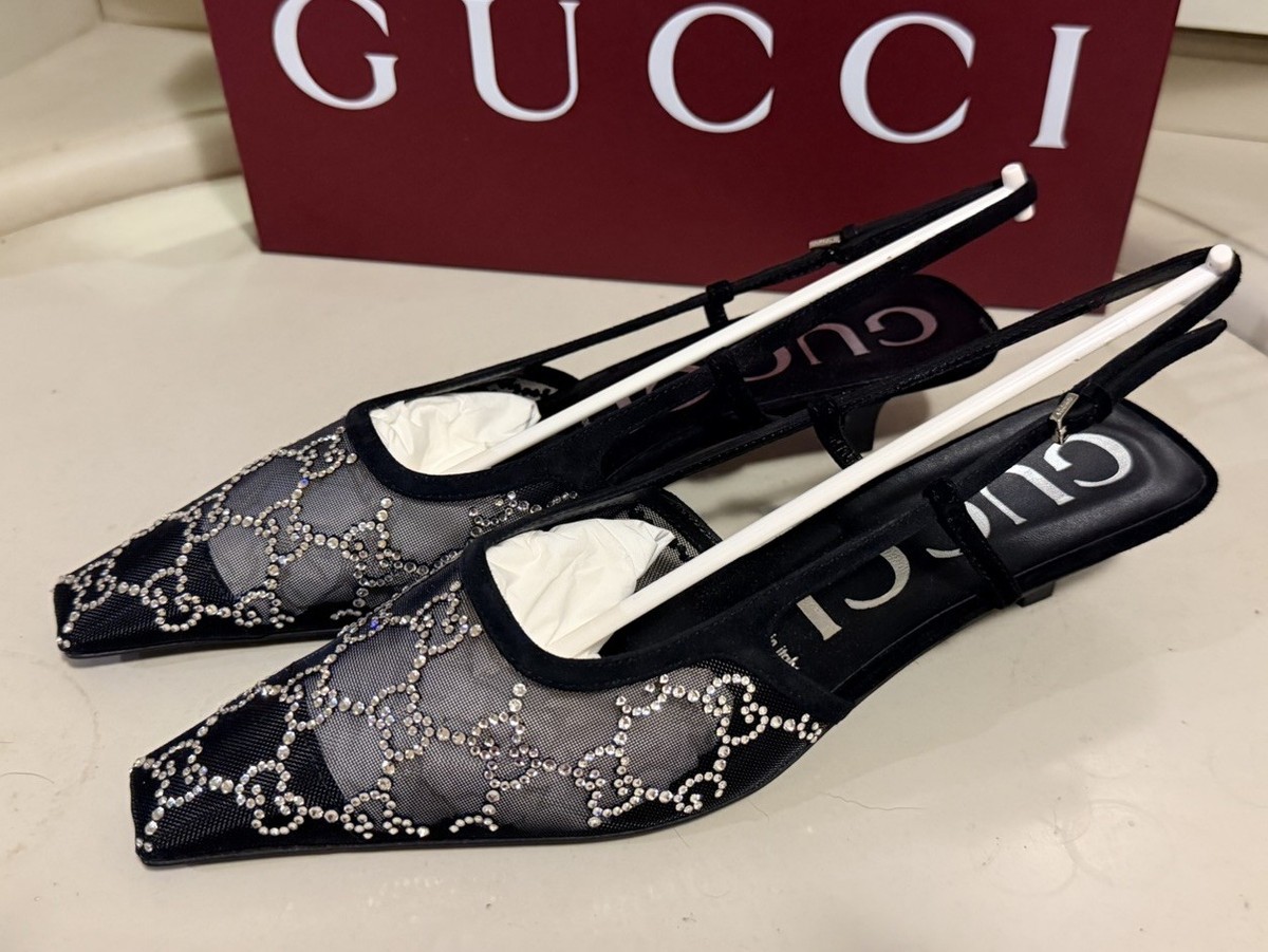 靴 GUCCI Slingback Pumps Square Toe 35C Gucci Rhinestone Logo Mesh Suede Slingback Kitten Heels Square Toe
