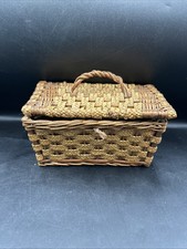 Vintage Hand Made Small Whicker Sewing Basket With Lid And Lined Inside