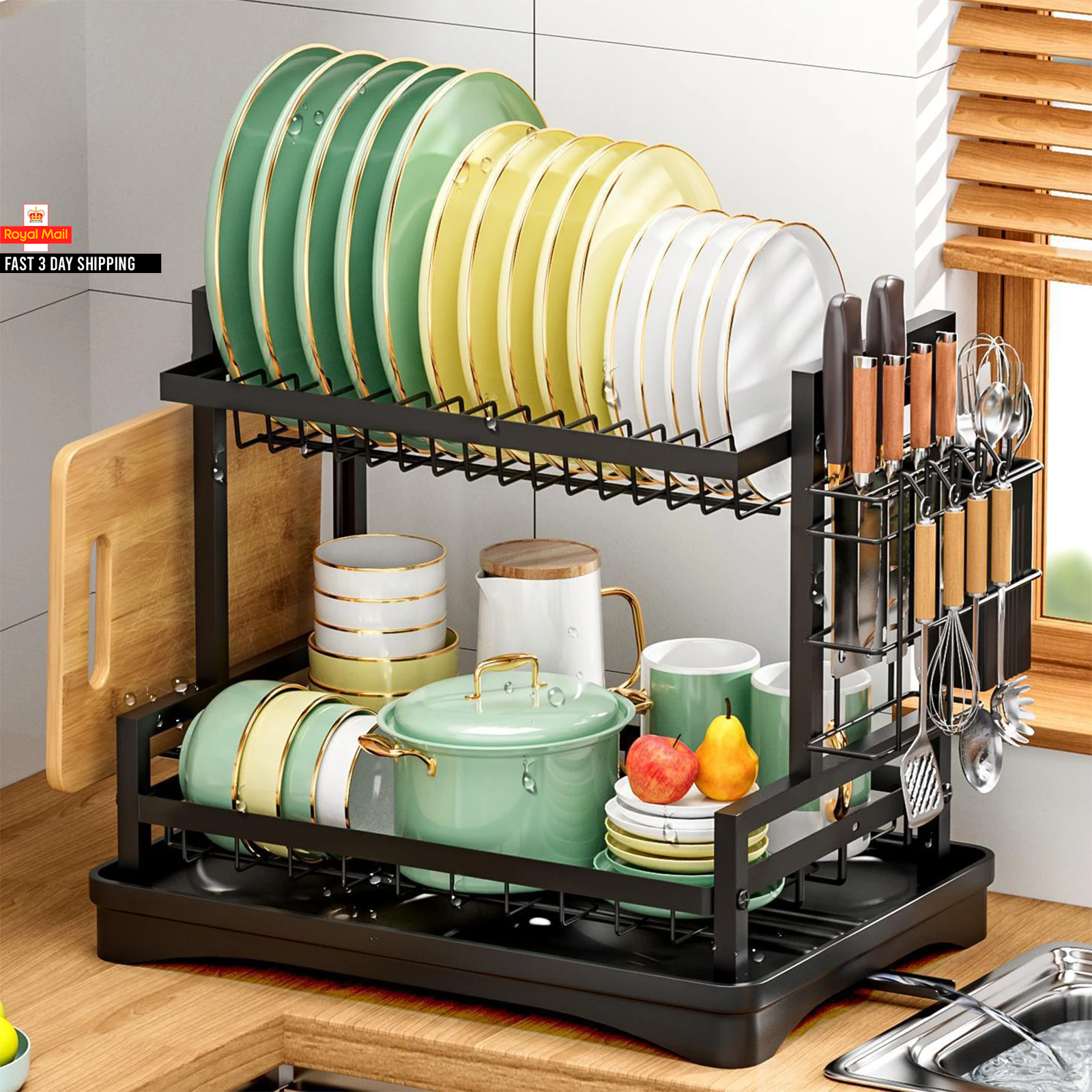 Dish Drainer Rack 2 Tier Rustproof Dish Drainer Rack with Drip Tray and Utensils