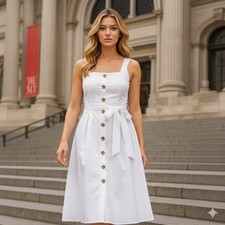 A New Day Women's White Square Neck Button Front Midi Dress w/ Belt SZ 8 Pockets