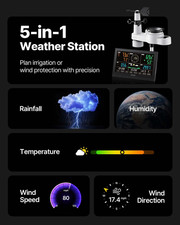 VEVOR 5-in-1 Wi-Fi Weather Station, Solar Sensor, 7.5" Color Display