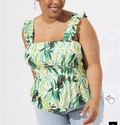 Torrid Babydoll Tank Top Ruffled Stretch Green Yellow Cream Vacation Size 3 NEW!