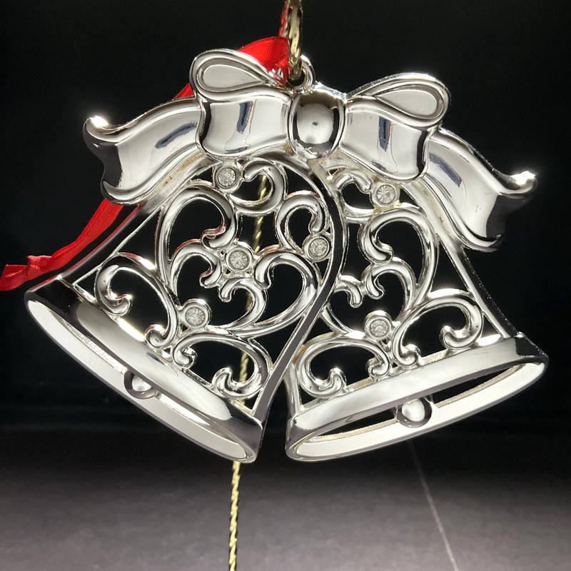 New Lenox Silverplate Bells w/ Clear Crystal Stone Ornament #121370