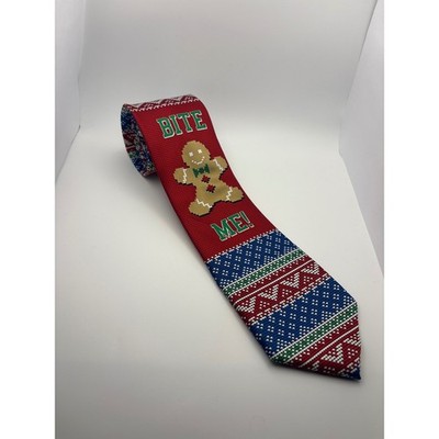 Knotty & Nice Mens Christmas Tie Red Gingerbread Man Bite Me Fair Isle Holiday