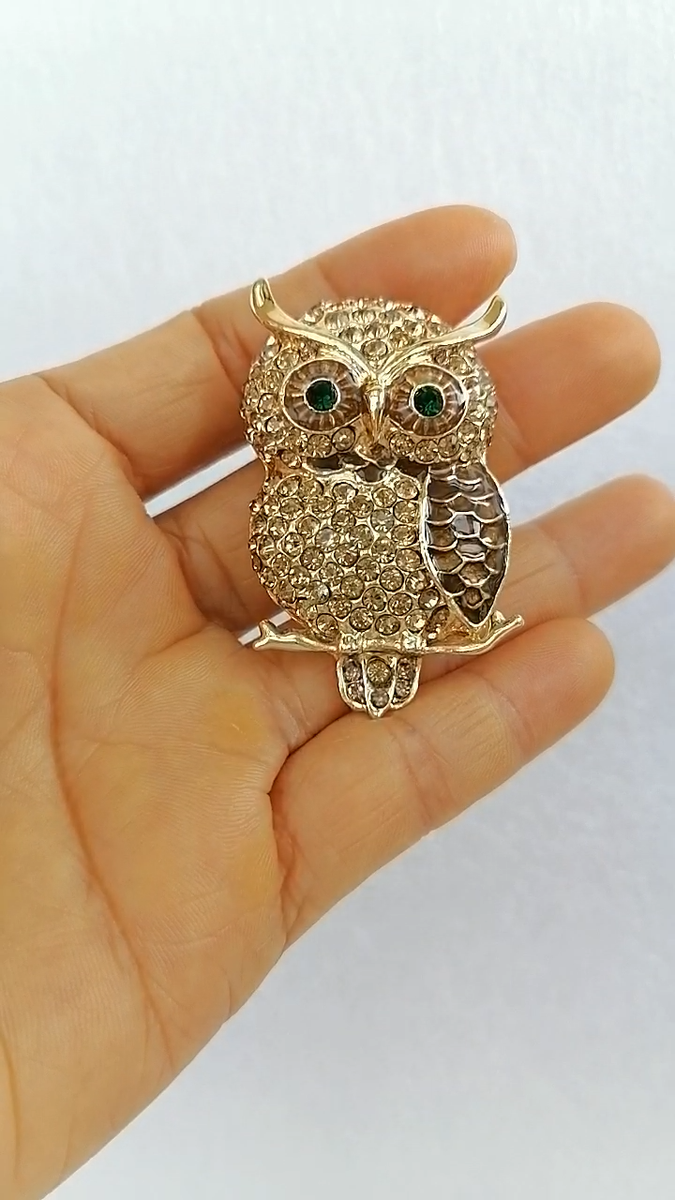 Animal Bird Owl Brooch Pin Topaz Rhinestone Crystals Pendant
