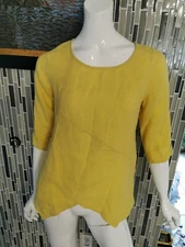 Multiples Linen Blouse Women's Sz SP Yellow Round Neck 3/4 Sleeve 0346