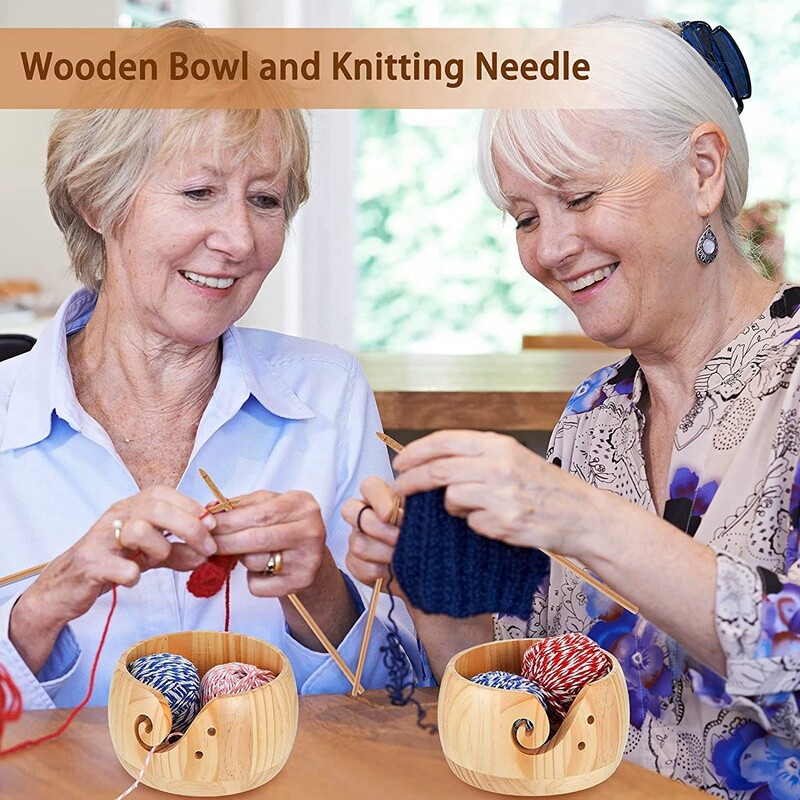 Wooden Yarn Bowl Knitting Crochet Holder Yarn Wool Storage w/cover+12