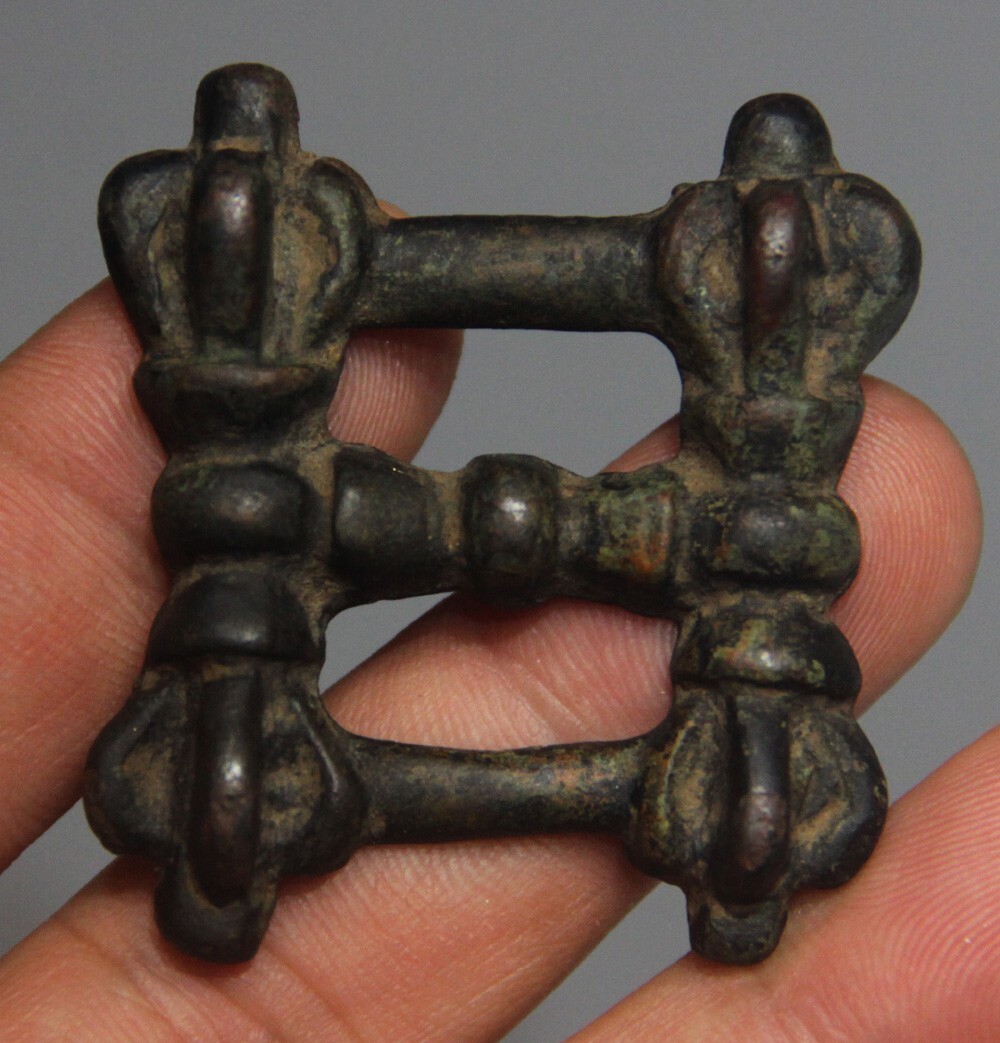 Amazing Tibet 1300s Old Antique Buddhist Copper Vajra Dorje Sutra Buckle Amulet