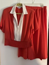 Andrea Gayle Vintage 80s Skirt / Top Set Coral And White 14