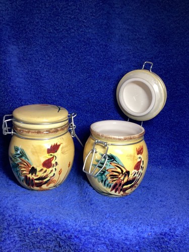 Vintage En Provence Keramik Hahn Motiv Druckknopfverschluss Deckel Kanister, 2er Set - Bild 6 von 8