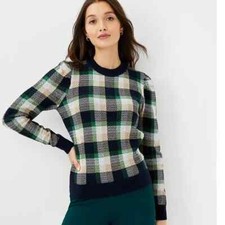 ANN TAYLOR NWT 89 Green Blue Beige Plaid Puff Sleeve Sweater Sz S