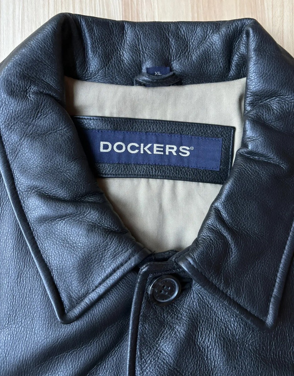 Vintage Dockers Black Leather Button-Up Over Coat Town Vintage Dockers Black Leather Button-Up Over Coat Town