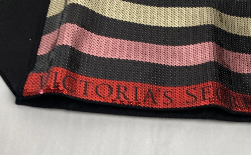 Victoria Secret Tote Bag Large Travel Sparkling Sequin Stripes w Makeup Wristlet - Image 3 of 4